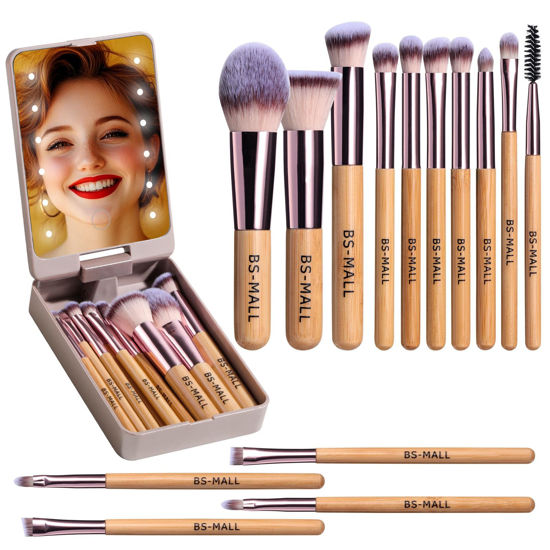 Picture of BS-MALL Travel Makeup Brush Set Foundation Powder Concealers Eye Shadows Makeup Set with LED light Mirror 14 Pcs (B-Bamboo)