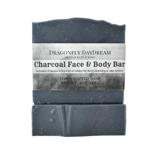 Picture of Charcoal Soap Bar with Tea Tree Oil for Face and Body (1 Pack) - Blemish Reducer, Natural Vegan Ingredients, 4oz, Handmade