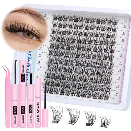 Picture of Cluster Eyelash Extensions Kit Lash Clusters Kit Natural Wispy Individual Lashes Kit C Curl DIY Lash Extension Kit 10-16MM Eyelash Clusters Kit with Lash Remover by Newcally