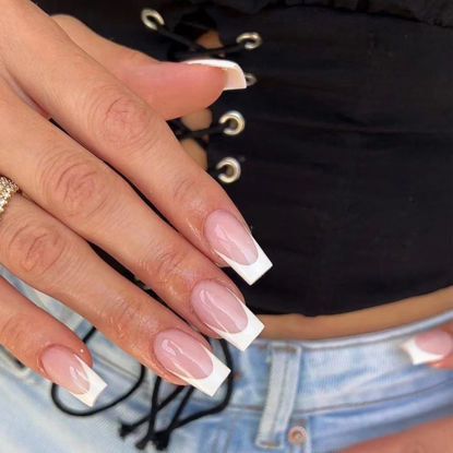 Picture of WAFOLOZE Medium Press on Nails, Nails Press on Square Fake/False Nails with White French Tip Nails Press ons Designs Gloss Acrylic Artificial Nails Stick on Nails for Women 24pcs