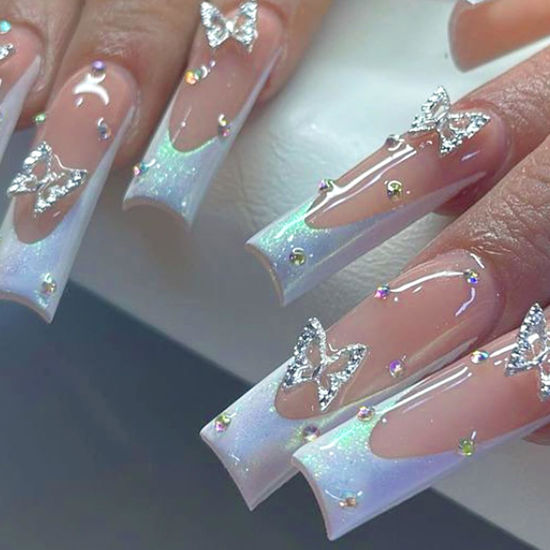 Picture of WAFOLOZE Square Press on Nails Long Fake Nails Coffin Nails Press ons,False Nails with Alloy Butterfly Nail Charms&Rhinestones Designs White French Tip Nails Artificial Nails Stick on Nails For Women