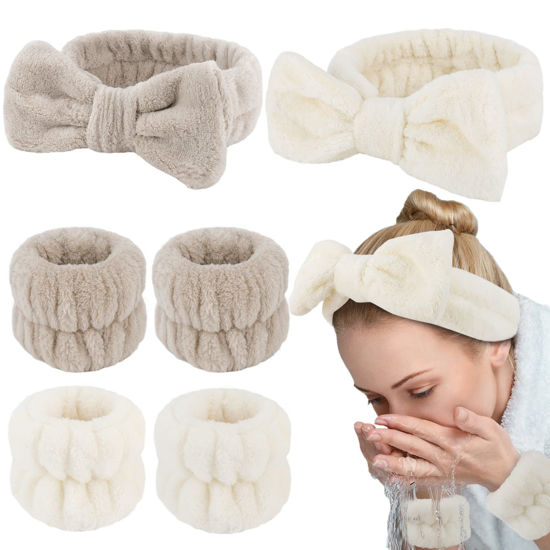 Picture of WHAVEL 6PCS Spa Headband and Wristband Set, Face Wash Headband Makeup Skincare Headband Wrist Bands for Washing Face