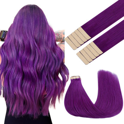 Picture of GOO GOO Tape in Hair Extensions Human Hair, Purple, 16inch 25g 10pcs, Colored Tape ins Human Hair Extensions, Silky&Soft Invisible Tape Ins, Hair Highlighted for Party