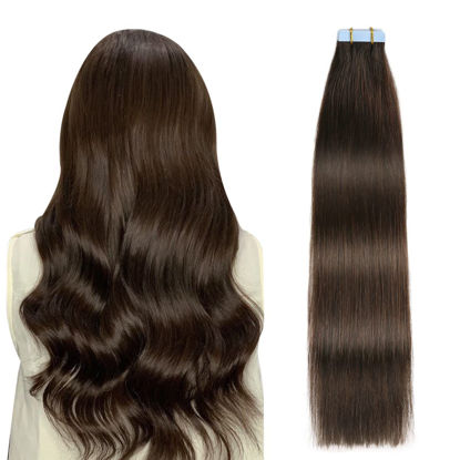 Picture of SUYYA Tape in Hair Extensions Human Hair Darkest Brown 30 Inch 60g/pack 20pcs Straight Seamless Skin Weft Tape in Real Human Hair Extensions (30 inch #2 Darkest Brown