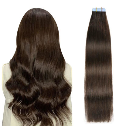 Picture of SUYYA Tape in Hair Extensions Human Hair Brown 100% Real Human Hair 12 inches 20pcs 40g/pack Straight Seamless Skin Weft Tape in Hair Extensions(12 inches #2 Darkest Brown)