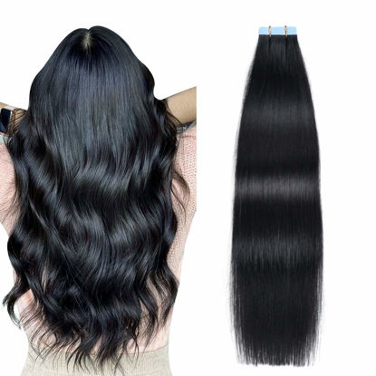 Picture of SUYYA Tape in Hair Extensions Human Hair Jet Black 30 Inch 60g/pack 20pcs Straight Seamless Skin Weft Tape in Real Human Hair Extensions (30 inch #1 Jet Black)
