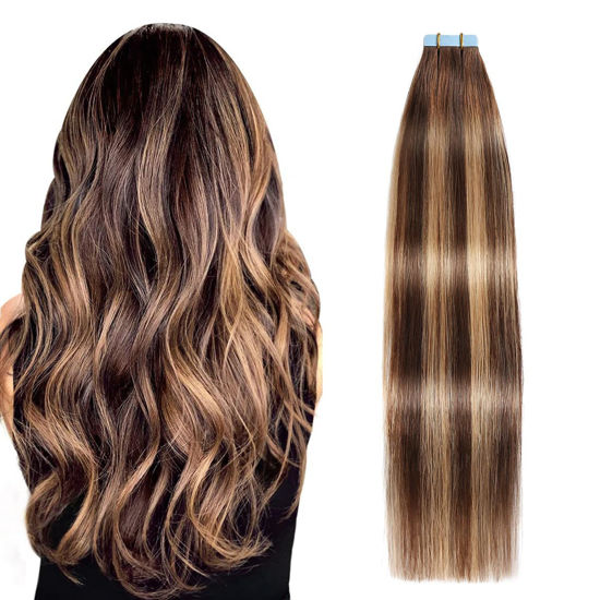 Picture of SUYYA Tape in Hair Extensions Human Hair Ombre Chocolate Brown to Caramel Blonde Remy Hair 18 inches 20pcs 50g/pack Straight Seamless Weft Tape in Human Hair Extensions Balayage(18 inch #P4/27/T4)