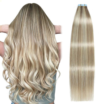 Picture of SUYYA Tape in Hair Extensions Human Hair Ash Blonde Highlighted Bleach Blonde 30 Inch 60g/pack 20pcs Straight Seamless Skin Weft Tape in Real Human Hair Extensions (30 inch #P18/613)
