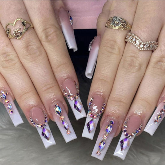 Picture of 24Pcs Extra Long Press on Nails Fake Nails WAFOLOZE Nails Press ons, False Nails with Rhinestones Designs French Tip Acrylic Artificial Nails Glossy Stick on Nails for Women