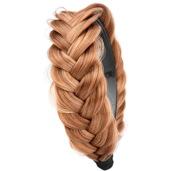 Picture of DIGUAN Wide Messy Braided Headband With Teeth Synthetic Hair Plaited Headband High Elasticity Braids Chunky Fishtail Braided Hair Band Hairpiece for Girls Women Beauty Accessory (Strawberry Blonde)