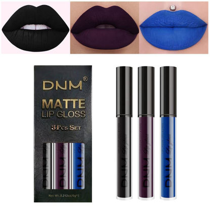 Picture of evpct 3Pcs Dark Black Purple Blue Matte Liquid Lipstick Halloween for Women Long Lasting Smudge Proof DNM Black 24 Hours Original Lip Liner and Lipstick Stain Makeup Set labial mate larga duracion 24
