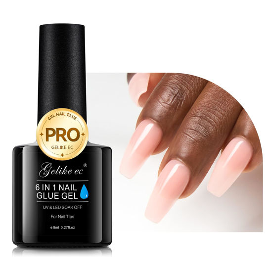 Picture of Gelike EC Nude-Colored Gel Nail Glue - 6 in 1 Sheer Apricot Nail Glue for Clear Acrylic Nails,Long Lasting Extension Gel Adhesive UV Nail Glue for Clear Press On Nail Tips,UV Cure Required