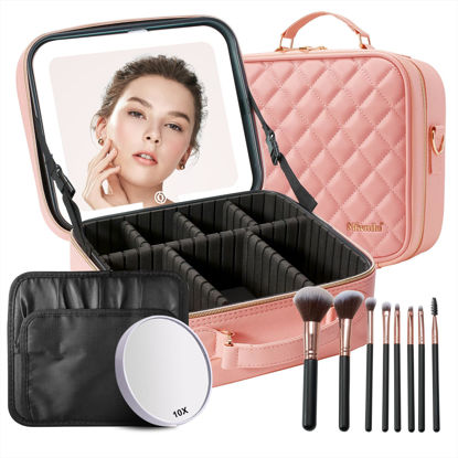 Picture of Mocado Travel Makeup Bag with LED Lighted Mirror, Travel Makeup Organizer, Makeup Case with 8 Makeup Brushes and 10x Magnifying Mirror, 3 Color Lighting, Adjustable Divider Makeup Box(Pink Lozenge)