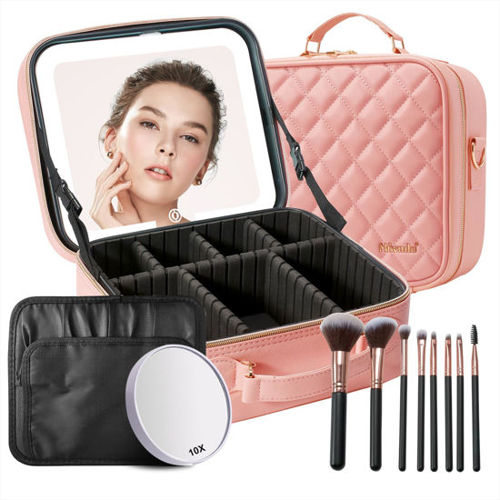 Picture of Mocado Travel Makeup Bag with LED Lighted Mirror, Travel Makeup Organizer, Makeup Case with 8 Makeup Brushes and 10x Magnifying Mirror, 3 Color Lighting, Adjustable Divider Makeup Box(Pink Lozenge)