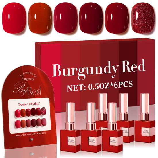 Picture of Double Rhythm 6 Pcs 15 ML Gel Polish Set Same Color Same Bottle Soak Off Gel Polish Kit Nail Art Manicure Salon DIY at Home for Women (Glitter Burgundy Dark Cherry Red Maroon-T6-7)