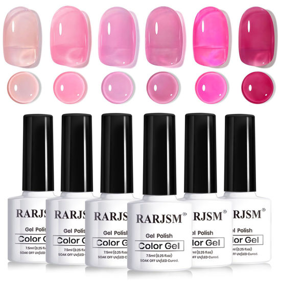 Picture of RARJSM Nude Pink Jelly Gel Nail Polish Set 6pcs Clear Crytal Stained Glass Purple Pink Series Transparent Sheer Amber Milky Gel Varnish LED UV Curing Requires Soak off French Manicure Home Salon