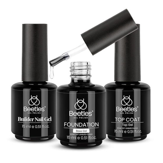 Picture of Beetles 3Pcs 15ml Top and Base Coat Builder Nail Gel Set No Wipe Gel Top Coat Base Gel Builder Extension Gel for Nails Shine Finish and Long Lasting Nail Protection Valentine's Day Gift for Women