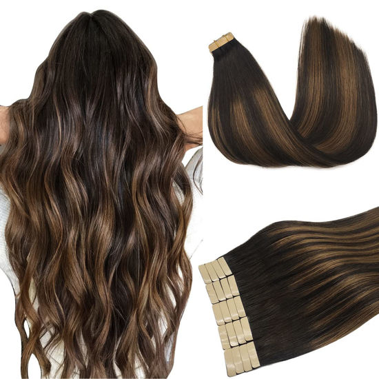 Picture of DOORES 20pcs 50g Human Hair Extensions Tape in Remy Balayage Dark Brown to Chestnut Brown Natural Hair Extensions Tape in Hair Extensions Seamless Straight Real Hair Extensions 14 Inch