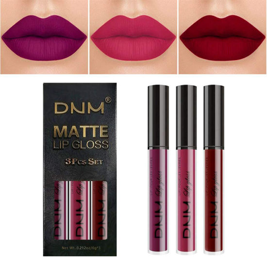 Picture of DNM 3Pcs Dark Purple Red Rose pink Matte Liquid Lipstick Sets for Black Women Matte Matt Lipstick Lip Stain Long Lasting Waterproof 24, labial mate larga duracion 24 labiales mate 24 horas originales