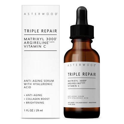 Picture of Asterwood Triple Repair Matrixyl 3000 + Argireline + Hyaluronic Acid + Vitamin C Serum for Face - Anti-Aging, Collagen Boosting, Hydrating - Fragrance-Free - 1 Fl Oz