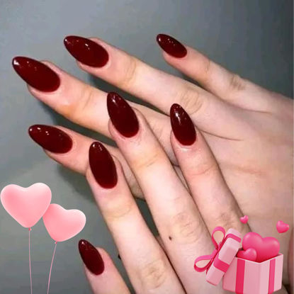 Picture of Modelones Press on Nails Almond, Wine Red Short Almond Fake Nails, 32Pcs Reusable Nail Kit with Nail Glue Adhesive Tabs Mini Nail File, Nails Press Ons 16 Sizes, Valentine Gift