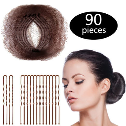 Picture of Zonon Bun Hair Nets 50Pcs, Invisible Elastic Edge Mesh, Individual Package, Brown & U Shaped Pins 40Pcs for Ballet Bun, Sleeping, Women and Wig