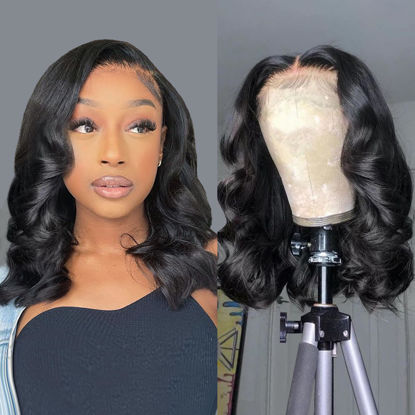 Picture of Douyin Bob Wig Human Hair 13x4 Frontal Lace Wig 14 Inch Body Wave 180% Density HD Lace Front Wigs Human Hair Pre Plucked Bob Wigs for Women Human Hair Wigs (14 inch, Natural Black)