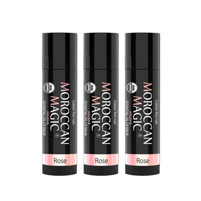 Picture of Moroccan Magic Organic Rose Lip Balm 3 Pack | Chapsticks for Dry Lips | Natural Argan & Essential Oils Lip Moisturizer + Vitamin E | Smooth, Hydrating, Non-Toxic | Organic Lip Balm Set