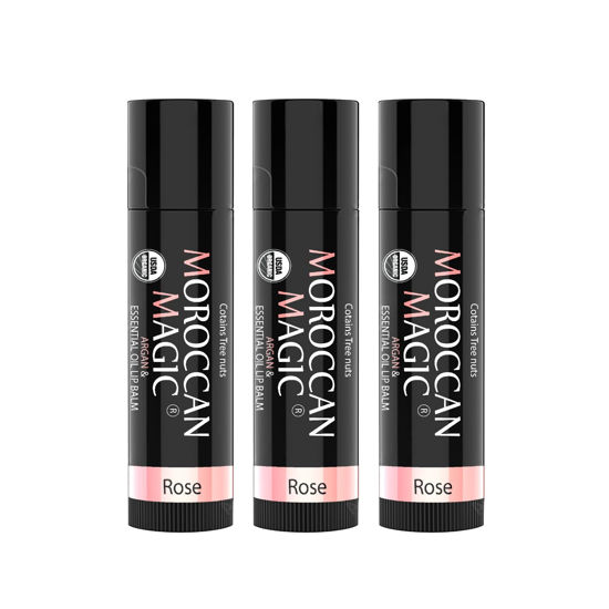 Picture of Moroccan Magic Organic Rose Lip Balm 3 Pack | Chapsticks for Dry Lips | Natural Argan & Essential Oils Lip Moisturizer + Vitamin E | Smooth, Hydrating, Non-Toxic | Organic Lip Balm Set