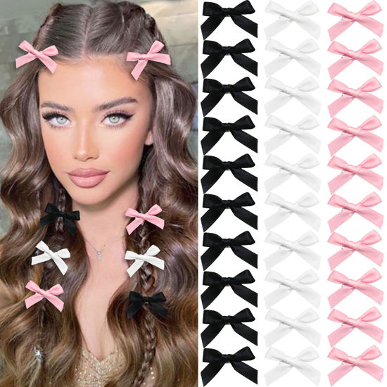 Picture of SAWINDA 30PCS Bow Hair Clips, Pink Satin Material Mini Bowknot Ribbons for Girls, Women Hair Accessories, Non-Slip Hair Clips Cute Barrettes for Women and Girls