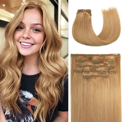 Picture of Clip In Hair Extensions Real Human Hair Golden Brown 70g 7pcs 12inch Short Hair 100% Remy Human Hair Gift For Women Seamless Clips Soft Hair No Tangles (12"#12)