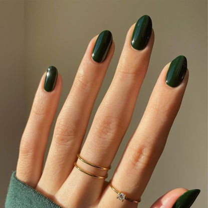 Picture of Modelones Green Press on Nails Almond, Short Almond Fake Nails, Reusable Nail Kit with Nail Glue Adhesive Tabs Mini Nail File, Nails Press Ons 32Pcs 16 Sizes