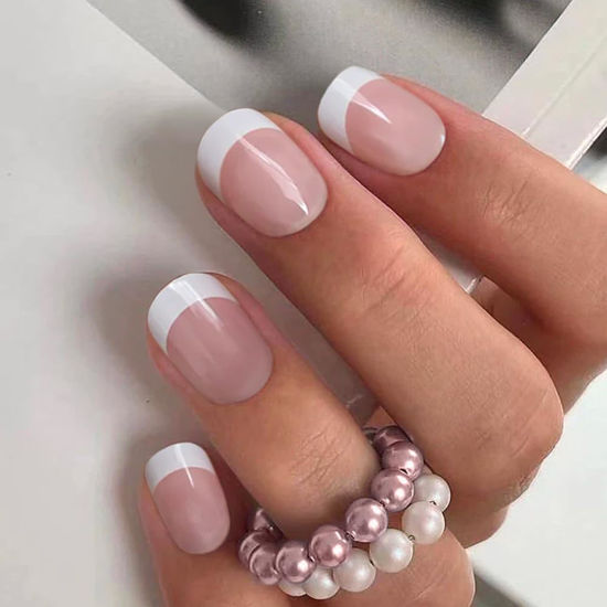 Picture of Press on Short Square Acrylic Fake Nails with Apricot Design Full Cover False Glossy Nude Glue on Artificial Stick on Nails for Women 24Pcs (French Natural)