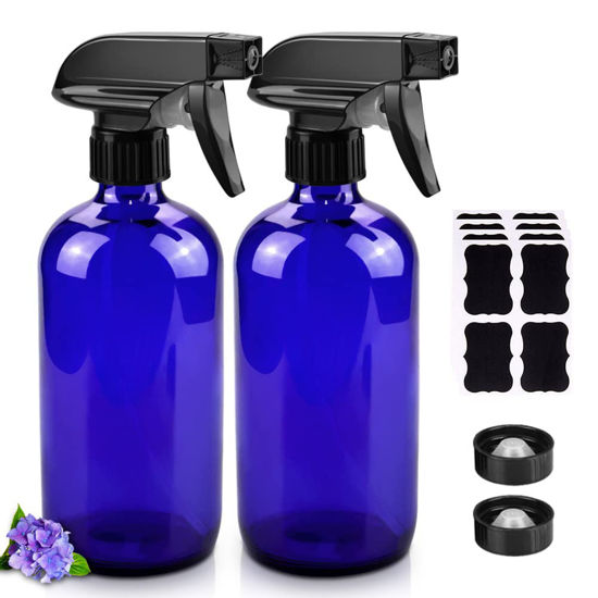 Picture of Worldgsb Glass Spray Bottles, 16oz Refillable Containers, Empty Boston Round Bottles with Labels & Adjustable Nozzle for Cleaning, Gardening, Aromatherapy, Pets, Plant, Hair -Blue (2 Pack)