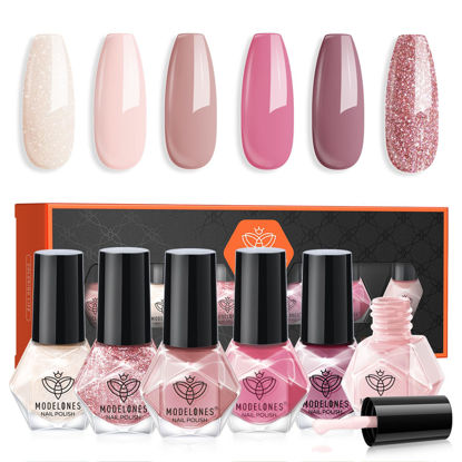 Picture of modelones Nail Polish Set 6 Colors, Milky White Pink Mini Nail Lacquer Kit Shimmer Nude Light Creamy Pink Glitter Violet Red Quick Dry Nail Art, DIY Home Travel Salon Manicure Gift for Women Girls
