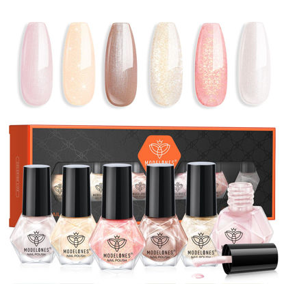 Picture of modelones Nail Polish Set, 6 Colors Pearl White Pink Nude Mini Nail Polish Set,Wedding Shimmer Champagne Nail Quick Dry Art DIY Home Salon Valentine's Day Nail Art Manicure Gift for Women Girls