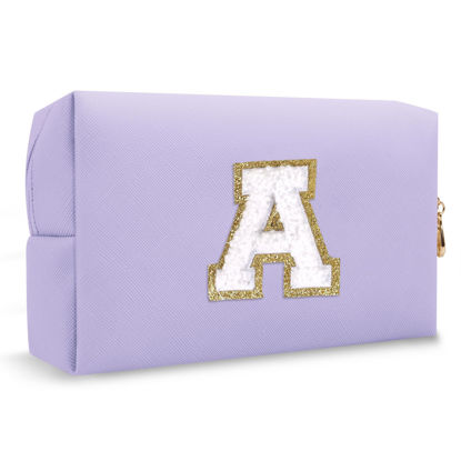Picture of Personalized Makeup Bag Initial A-Z Preppy Patch Bag,Small PU Leather Travel Cosmetic Bag Pouch with Zipper,Purple Cute Toiletry Bag,Gift Ideal for Teen Girls Women Birthday Friend Mom,Latter A