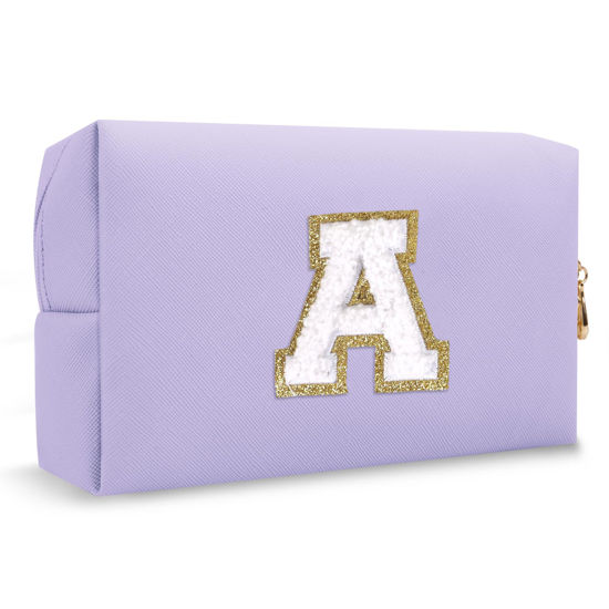 Picture of Personalized Makeup Bag Initial A-Z Preppy Patch Bag,Small PU Leather Travel Cosmetic Bag Pouch with Zipper,Purple Cute Toiletry Bag,Gift Ideal for Teen Girls Women Birthday Friend Mom,Latter A