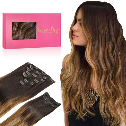 Picture of WENNALIFE Clip in Hair Extensions, 150g 14 Inch 9pcs Highlight Dark Brown to Chestnut Brown and Dirty Blonde Human Hair Extensions Thicker Clip in Hair Extensions Real Human Hair Clip Set Double Weft