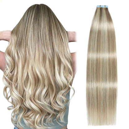 Picture of SUYYA Tape in Hair Extensions Human Hair Ash Blonde Highlighted Bleach Blonde 20 Inch 50g/pack 20pcs Straight Seamless Skin Weft Tape in Real Human Hair Extensions(20inch #P18/613)