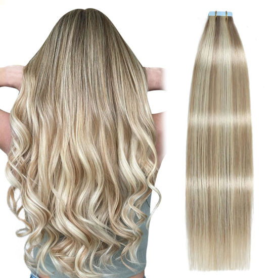 Picture of SUYYA Tape in Hair Extensions Human Hair Ash Blonde Highlighted Bleach Blonde 20 Inch 50g/pack 20pcs Straight Seamless Skin Weft Tape in Real Human Hair Extensions(20inch #P18/613)
