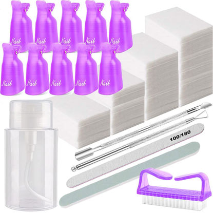 Picture of Nail Polish Gel Remover Tools Kit, Soak Off Cap Clip, 200ml Dispenser Bottle, UV Gel Polish Cuticle Pusher, 600 PCS Cotton Pads, Handle Brushes, 100/180 Nail File, Buffer Block, Finger