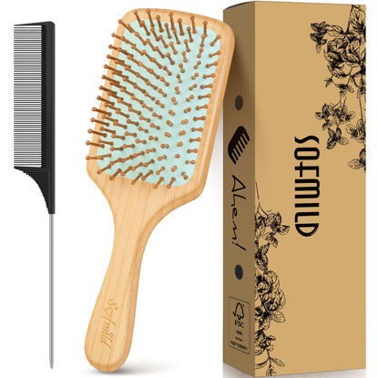 Picture of Hair Brush-Sofmild Natural Bamboo Wood Paddle Detangle Brush&Teasing Edge Hairbrush Set for Women Men Massaging Scalp Brushing Curly Straight Dry Hair Care Daily