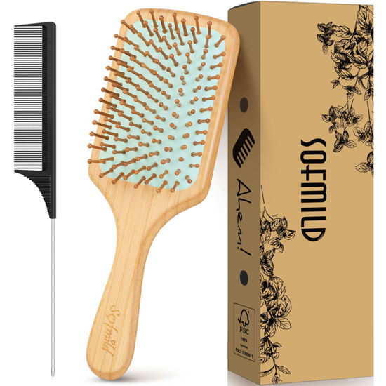Picture of Hair Brush-Sofmild Natural Bamboo Wood Paddle Detangle Brush&Teasing Edge Hairbrush Set for Women Men Massaging Scalp Brushing Curly Straight Dry Hair Care Daily
