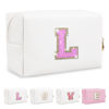 Picture of Small Initial Patch Makeup Bag Personalized Gifts Make Up Bag,White Cute PU Leather Glitter Letter Cosmetic Bag with Zipper,Trendy Portable Travel Toiletry Pouch,Preppy Stuff for Teen Girls Women L