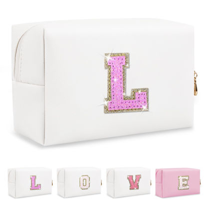 Picture of Small Initial Patch Makeup Bag Personalized Gifts Make Up Bag,White Cute PU Leather Glitter Letter Cosmetic Bag with Zipper,Trendy Portable Travel Toiletry Pouch,Preppy Stuff for Teen Girls Women L