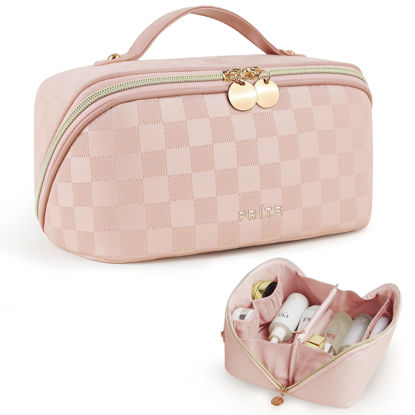 Picture of Prite Travel Cosmetic Bag Makeup Organizer Bag For Women Large Capacity Waterproof PU Leather Toiletry Bag with Handle and Clear Divider(Plaid Pink)