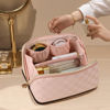 Picture of Prite Travel Cosmetic Bag Makeup Organizer Bag For Women Large Capacity Waterproof PU Leather Toiletry Bag with Handle and Clear Divider(Plaid Pink)