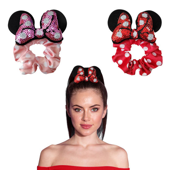 Picture of Styla Hair 2pk Mouse Ears Scrunchies, Velvet Hair Bow Scrunchies for Women - Sparkle Sequins Mouse Hair Bands for Pony Tail, Pink Red