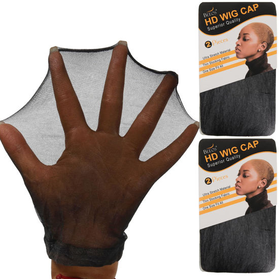 Picture of BEEOS Black SKINLIKE HD Wig Cap, 4 Pieces Invisible and Sheer Breathable Ultra-thin Stretchy Stocking Caps for Lace Front Wigs, Bald Cap for Women